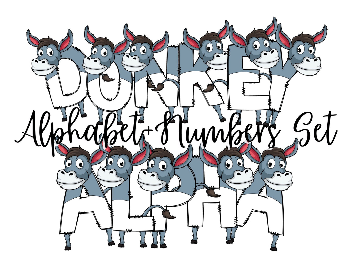 Donkey Doodle Letters Alphabet with Uppercase and Numbers PNG, Alphabet PNG Digital Download