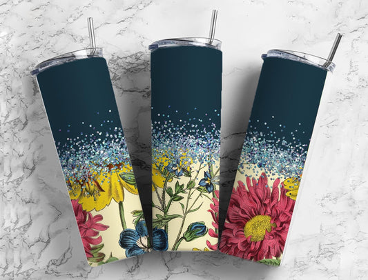 Blossoms Vintage 20oz Sublimation Tumbler Designs, Agate Glitter Blue 9.2 x 8.3” Straight Skinny Tumbler Wrap PNG