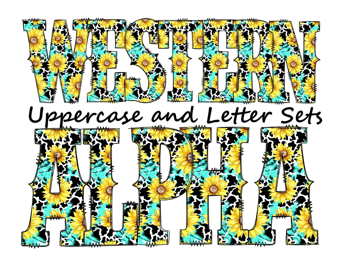 Sunflower Cow Hide Western Doodle Letters, Blue Gem Country Individually Saved Doodle Alphabet Uppercase and Numbers PNG