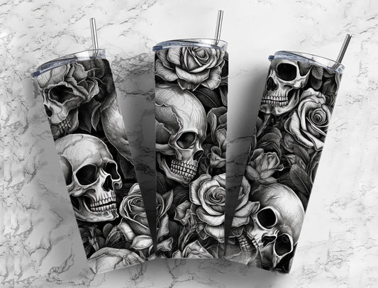 Skull and roses 20oz Sublimation Tumbler Designs, Black and white floral 9.2 x 8.3” Straight Skinny Tumbler Wrap PNG