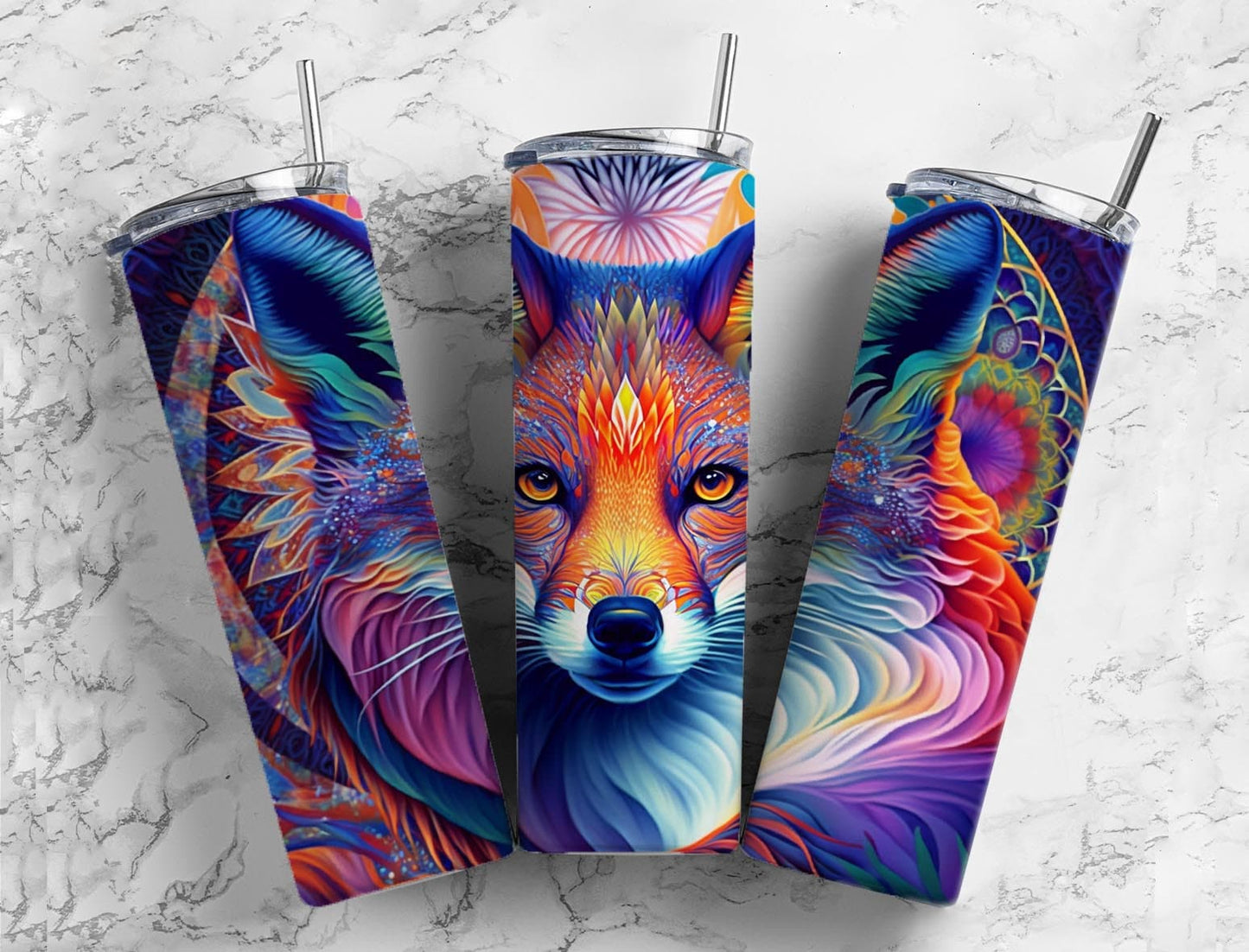 Rainbow fox 20oz Sublimation Tumbler Designs, Neon colorful 9.2 x 8.3” Straight Skinny Tumbler Wrap PNG