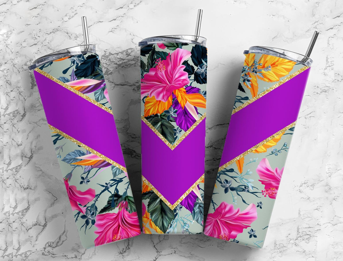 Colorful flowers 20oz Sublimation Tumbler Designs, Purple stripe 9.2 x 8.3” Straight Skinny Tumbler Wrap PNG