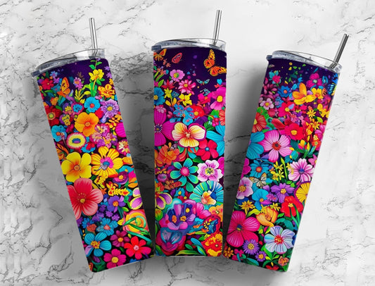 Rainbow floral 20oz Sublimation Tumbler Designs, Colorful daisy 9.2 x 8.3” Straight Skinny Tumbler Wrap PNG