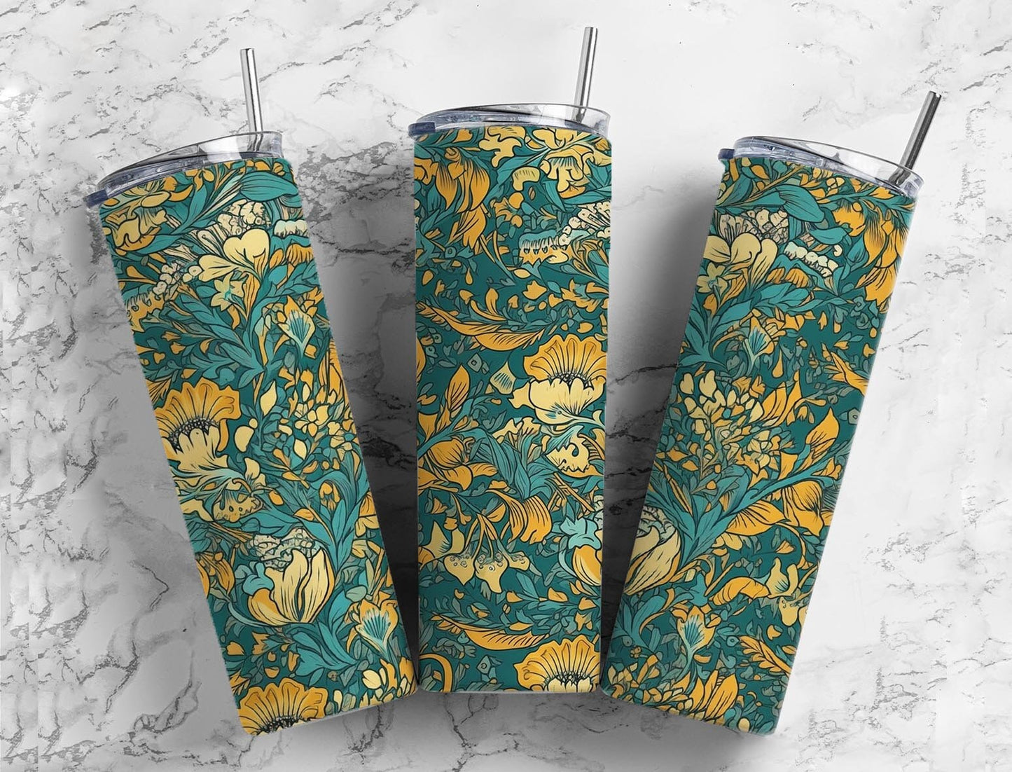 Retro floral 20oz Sublimation Tumbler Designs, Blue and yellow 9.2 x 8.3” Straight Skinny Tumbler Wrap PNG