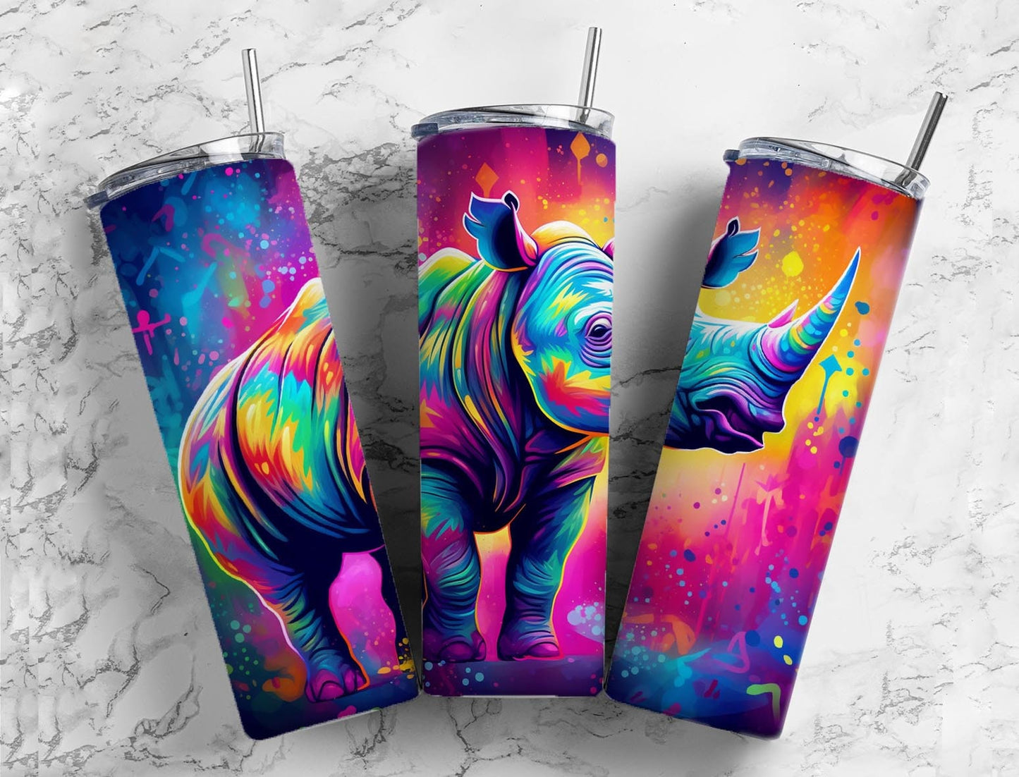 Rhinoceros colorful 20oz Sublimation Tumbler Designs, Rainbow paint splatter 9.2 x 8.3” Straight Skinny Tumbler Wrap PNG