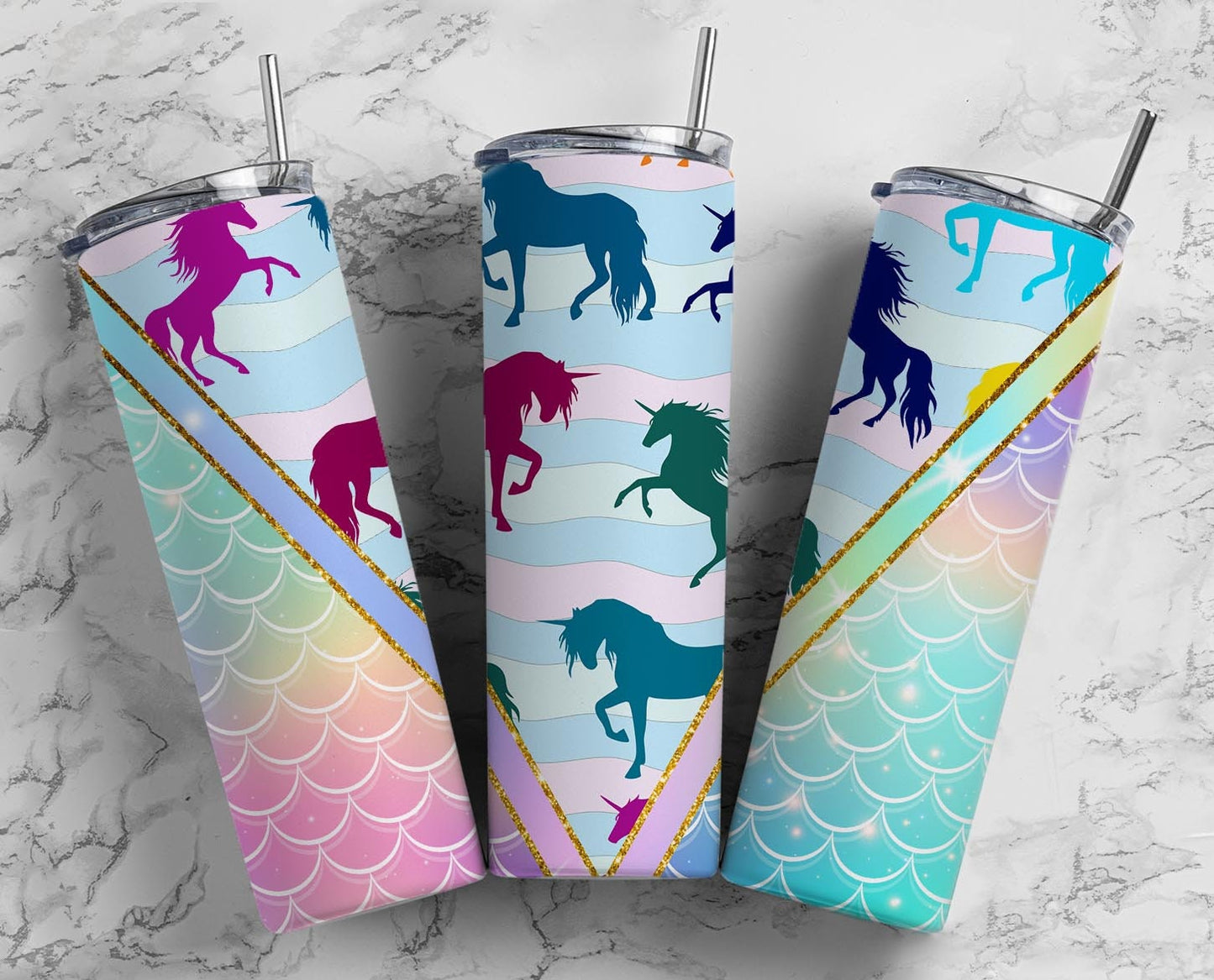 Rainbow Unicorn 20oz Sublimation Tumbler Designs, Pastel Mermaid 9.2 x 8.3” Straight Skinny Tumbler Wrap