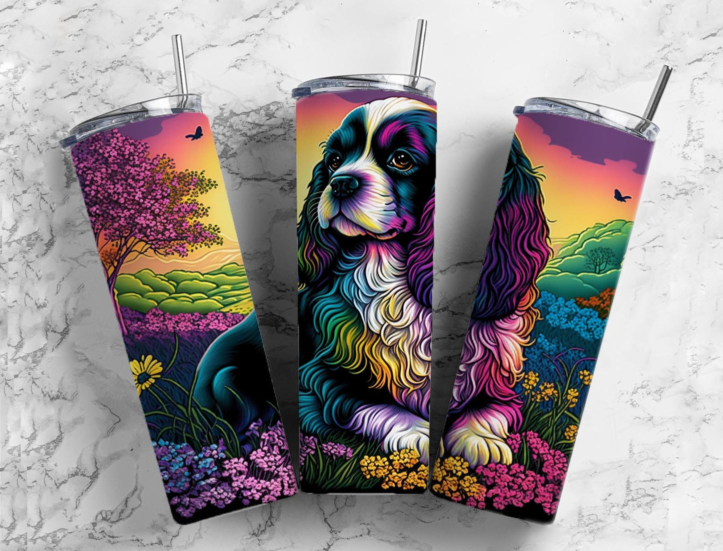 Dog Farm 20oz Sublimation Tumbler Designs, Floral Field 9.2 x 8.3” Straight Skinny Tumbler, Tumbler Wrap PNG