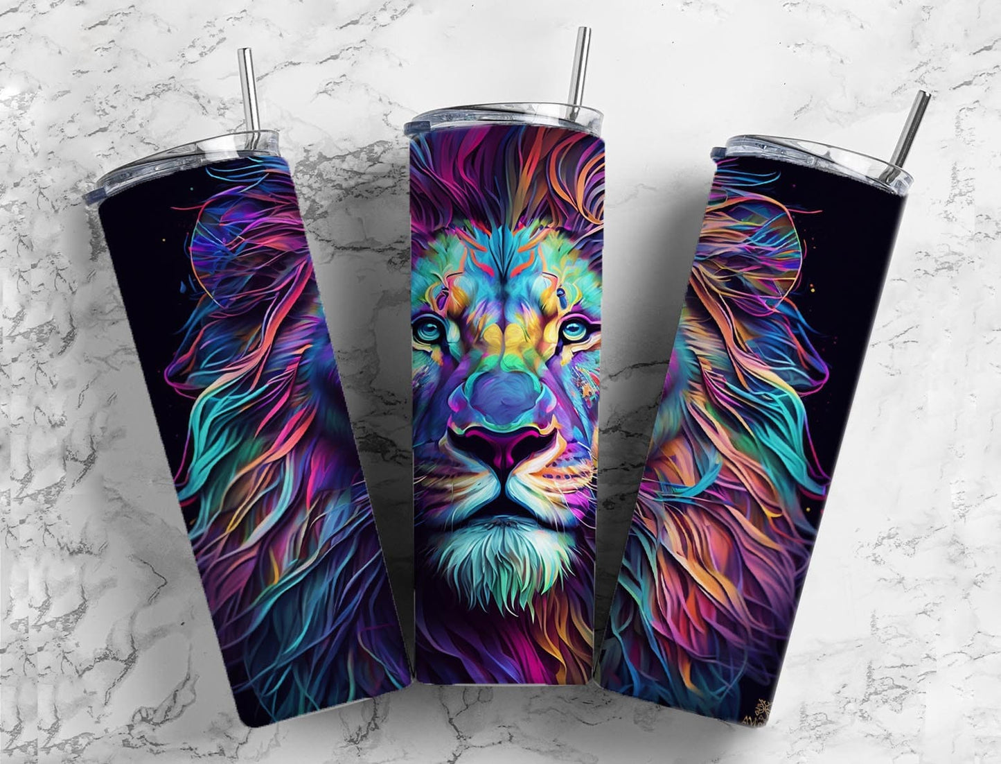 Neon lion 20oz Sublimation Tumbler Designs, Colorful rainbow 9.2 x 8.3” Straight Skinny Tumbler Wrap PNG