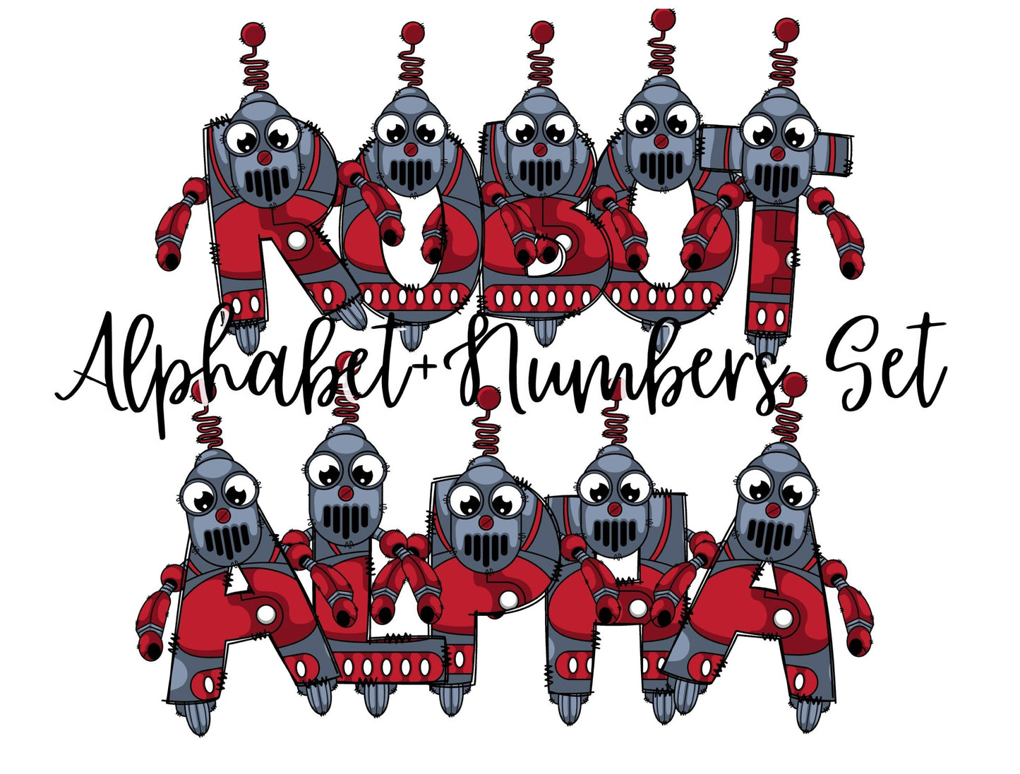 Robot Doodle Letters Alphabet with Uppercase and Numbers PNG, Alphabet PNG Digital Download PNG