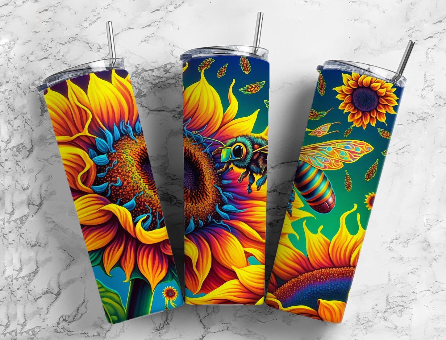 Colorful sunflower 20oz Sublimation Tumbler Designs, Bee floral 9.2 x 8.3” Straight Skinny Tumbler Wrap PNG