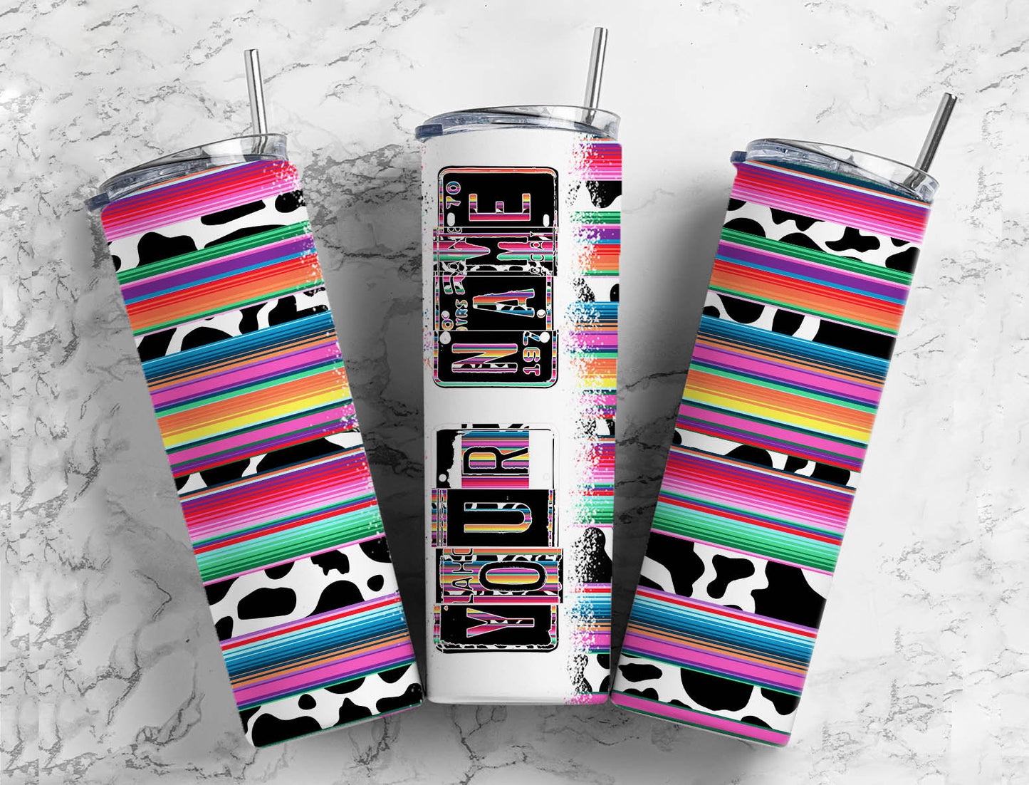 Striped cow print Number Plate 20 oz Tumbler with Matching Alphabet PNG, Colorful serape Alphabet PNG Digital Download