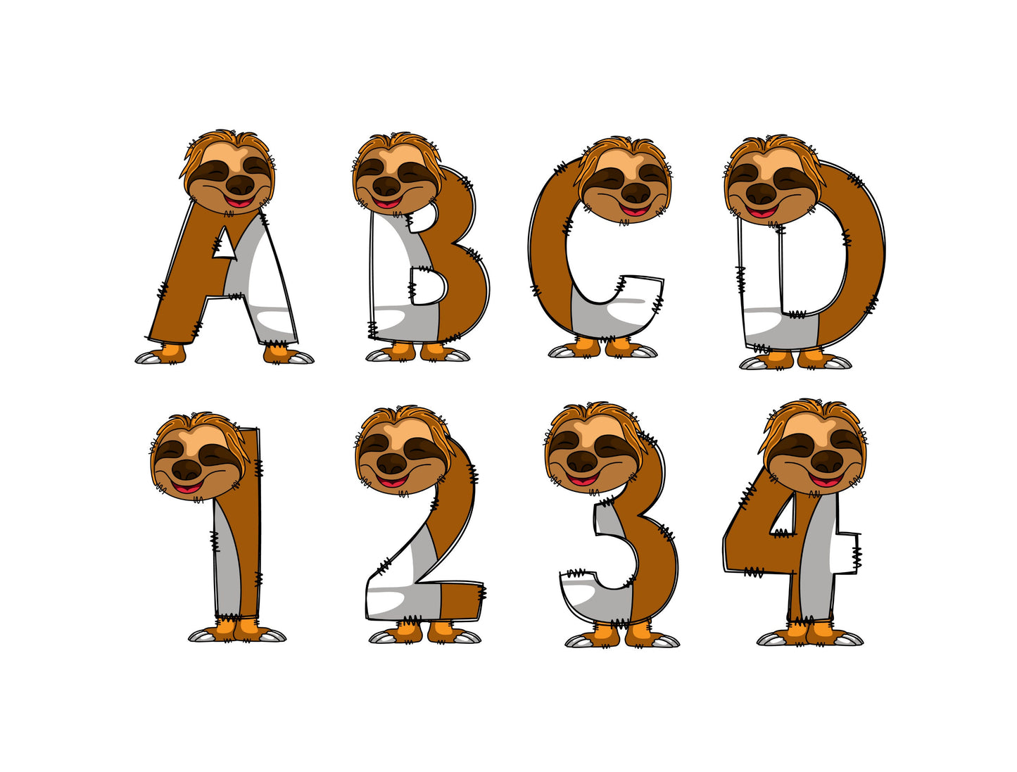 Cute Sloth Doodle Letters, Jungle Alphabet, Sloth Alphabet PNG, Entire Doodle Alphabet Uppercase Lowercase Numbers PNG