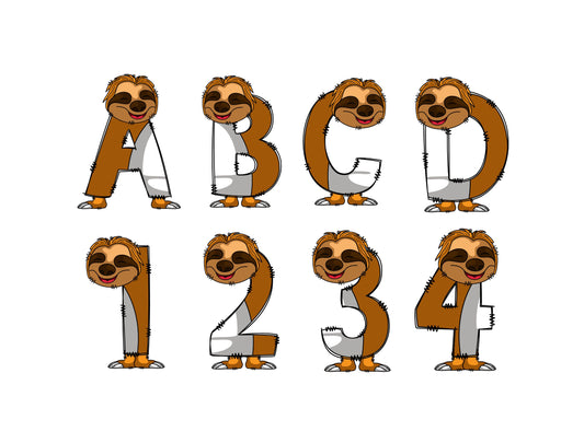 Cute Sloth Doodle Letters, Jungle Alphabet, Sloth Alphabet PNG, Entire Doodle Alphabet Uppercase Lowercase Numbers PNG