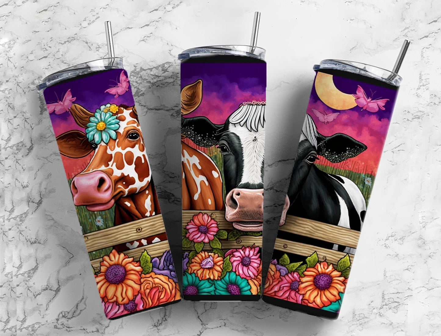 Cow Neon 20oz Sublimation Tumbler Designs, Western Country9.2 x 8.3” Straight Skinny Tumbler Wrap PNG, Sublimation Design PNG