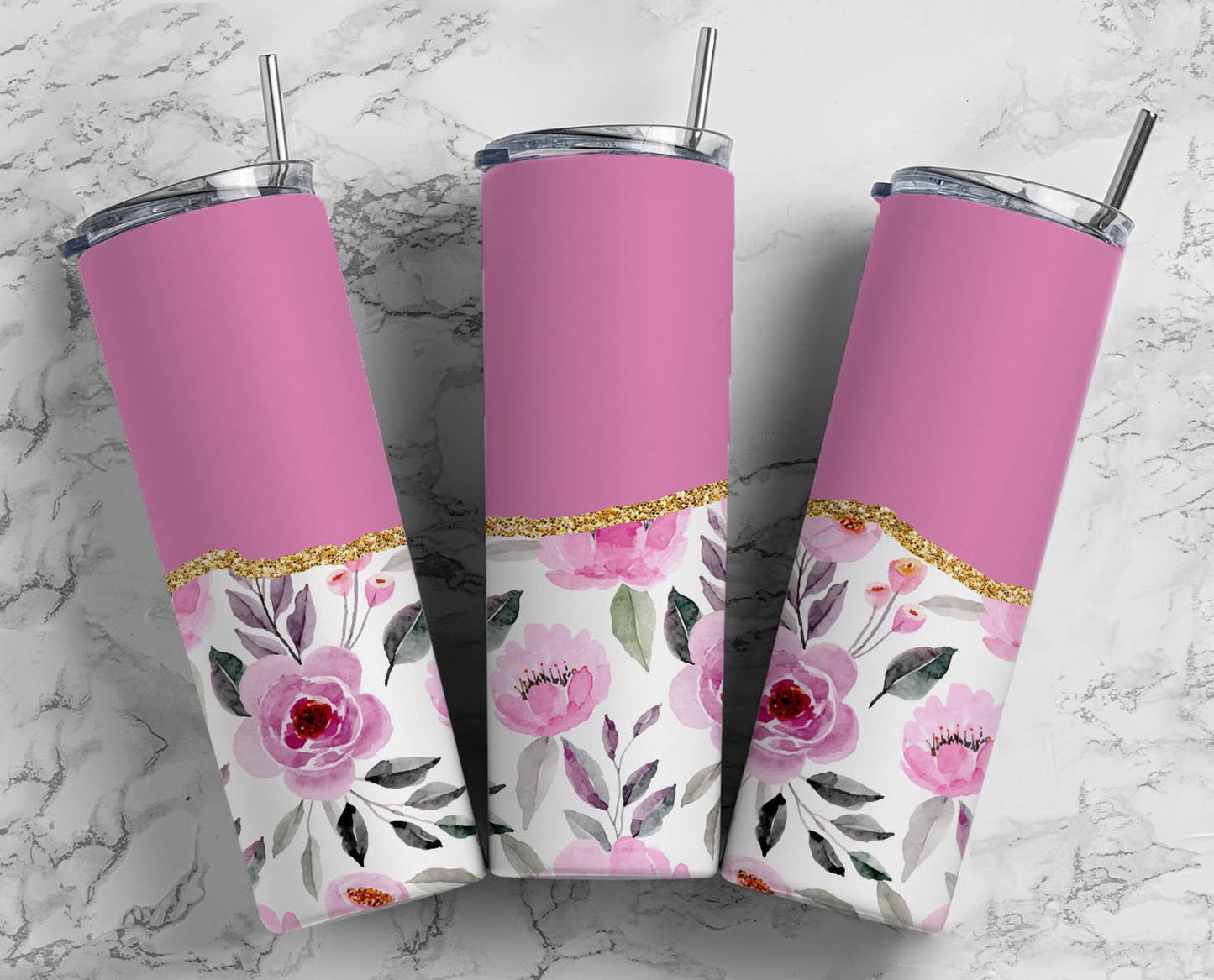 Pink Flower 20oz Sublimation Tumbler Designs, AestheticFloral 9.2 x 8.3” Straight Skinny Tumbler Wrap PNG, Gold Agate 136