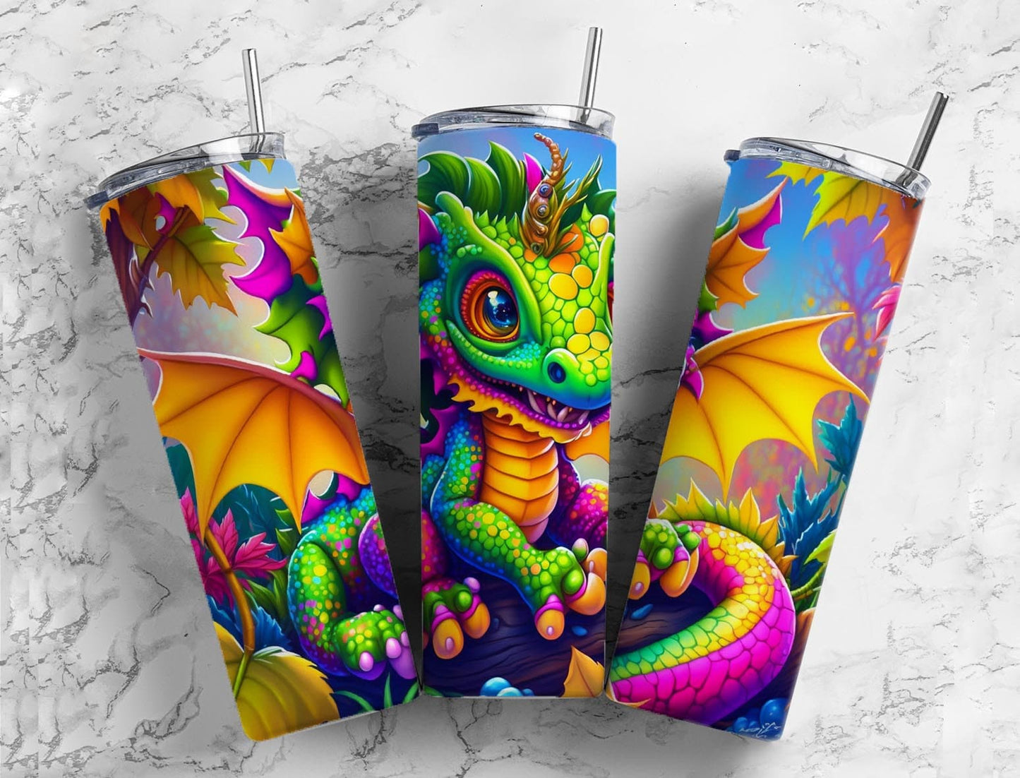 Dragon cartoon 20oz Sublimation Tumbler Designs, Rainbow colorful 9.2 x 8.3” Straight Skinny Tumbler Wrap PNG