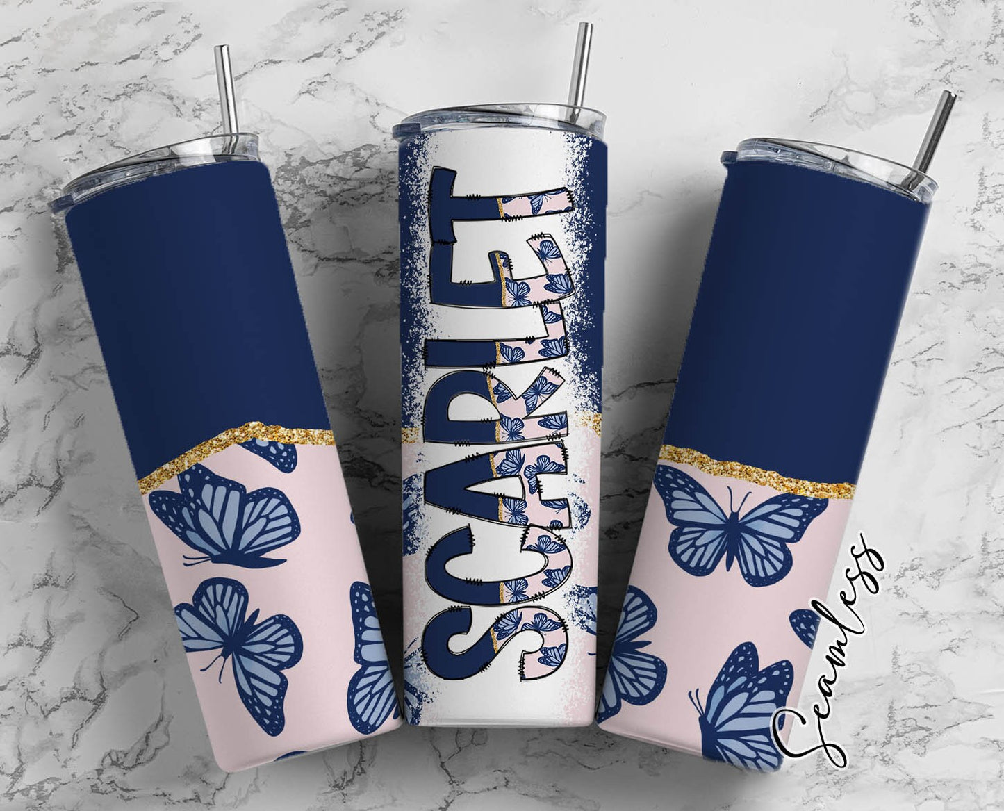 Retro Butterfly Tumbler Wrap with Matching Doodle Letter Alphabet PNG, Aesthetic Blue Add your Own name 20oz Tumbler, Alpha Set PNG 79