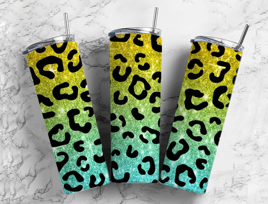 Blue and yellow glitter 20oz Sublimation Tumbler Designs, Leopard print 9.2 x 8.3” Straight Skinny Tumbler Wrap PNG