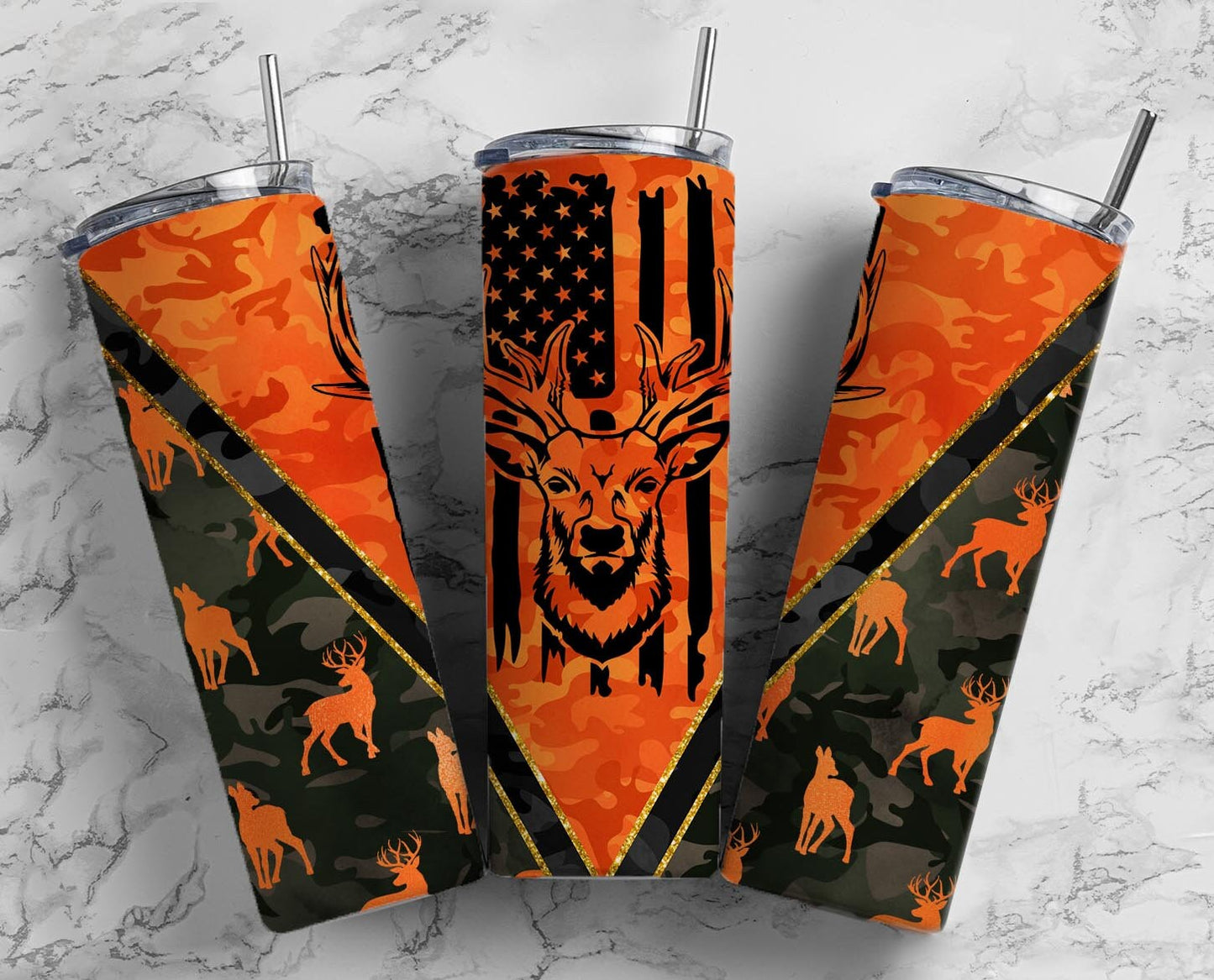 Deer Hunting 20oz Sublimation Tumbler Designs, Camo Orange 9.2 x 8.3” Straight Skinny Tumbler Wrap, Mens Tumbler, Horns