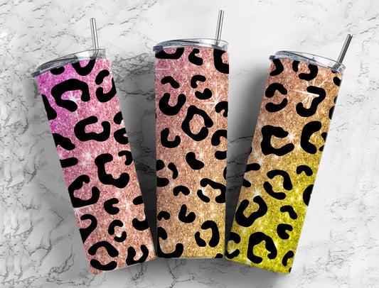 Yellow and pink glitter 20oz Sublimation Tumbler Designs, leopard print 9.2 x 8.3” Straight Skinny Tumbler Wrap PNG