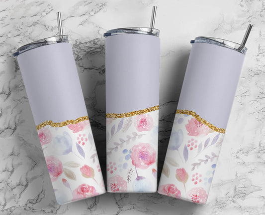 Purple Flower 20oz Sublimation Tumbler Designs, AestheticFloral 9.2 x 8.3” Straight Skinny Tumbler Wrap PNG, Gold Agate 184