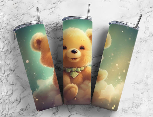 Teddy bear 20oz Sublimation Tumbler Designs, Cloudy sky 9.2 x 8.3” Straight Skinny Tumbler Wrap PNG