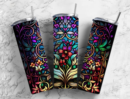 Stained glass floral 20oz Sublimation Tumbler Designs, neon rainbow 9.2 x 8.3” Straight Skinny Tumbler Wrap