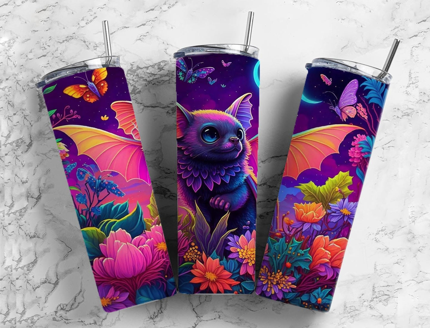 Bat Planet 20oz Sublimation Tumbler Designs, Sunset Colorful 9.2 x 8.3” Straight Skinny Tumbler, Tumbler Wrap PNG