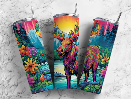 Rainbow moose 20oz Sublimation Tumbler Designs, Floral landscape 9.2 x 8.3” Straight Skinny Tumbler Wrap PNG