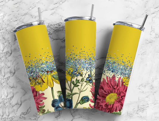 Retro Flower 20oz Sublimation Tumbler Designs, Agate Glitter Yellow 9.2 x 8.3” Straight Skinny Tumbler Wrap PNG