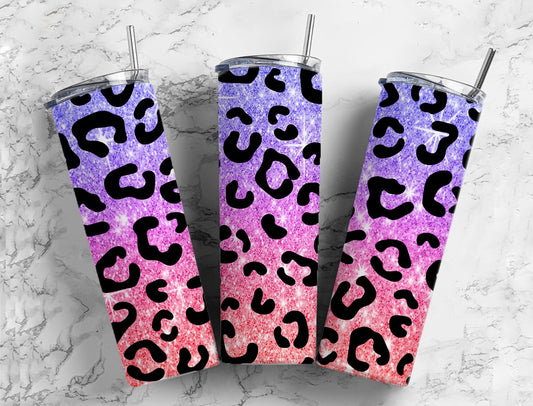 Purple and pink glitter 20oz Sublimation Tumbler Designs, Leopard print 9.2 x 8.3” Straight Skinny Tumbler Wrap PNG