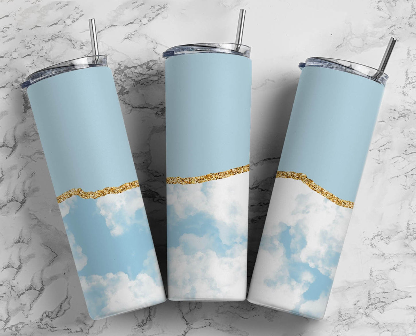 Blue CLoud 20oz Sublimation Tumbler Designs,Sky Blue Gold Agate Line 9.2 x 8.3” Straight Skinny Tumbler Wrap PNG 64