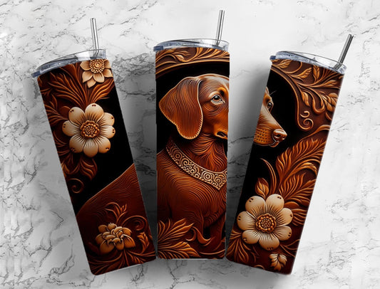 Tooled leather dachshund 20oz Sublimation Tumbler Designs, Engraved leather 9.2 x 8.3” Straight Skinny Tumbler Wrap PNG (2023-04-18 07.30.51)