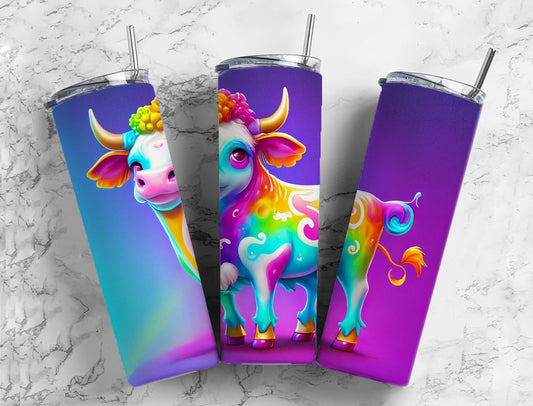 Cartoon cow 20oz Sublimation Tumbler Designs, Rainbow colorful 9.2 x 8.3” Straight Skinny Tumbler Wrap PNG