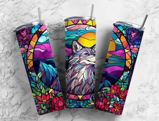 Stained glass wolf 20oz Sublimation Tumbler Designs, Moon landscape 9.2 x 8.3” Straight Skinny Tumbler Wrap PNG