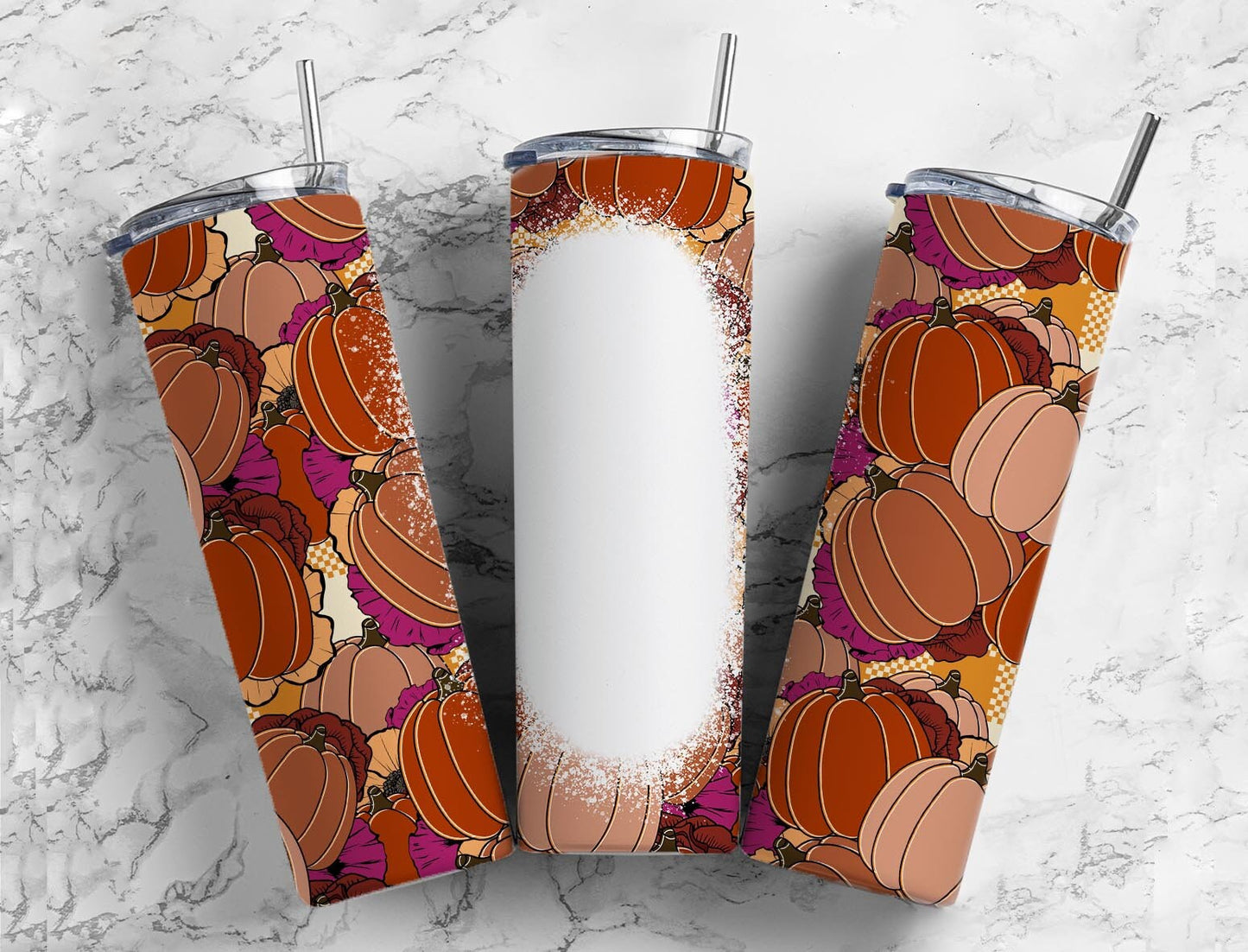 Pumpkin Fall Retro 20oz Sublimation Tumbler Designs, Add your own Name 9.2 x 8.3” Straight Skinny Tumbler Wrap PNG, Bleach Orange Purple