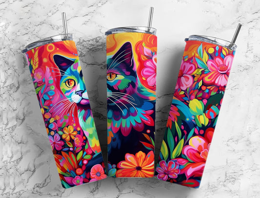 Rainbow cat 20oz Sublimation Tumbler Designs, floral landscape 9.2 x 8.3” Straight Skinny Tumbler Wrap PNG