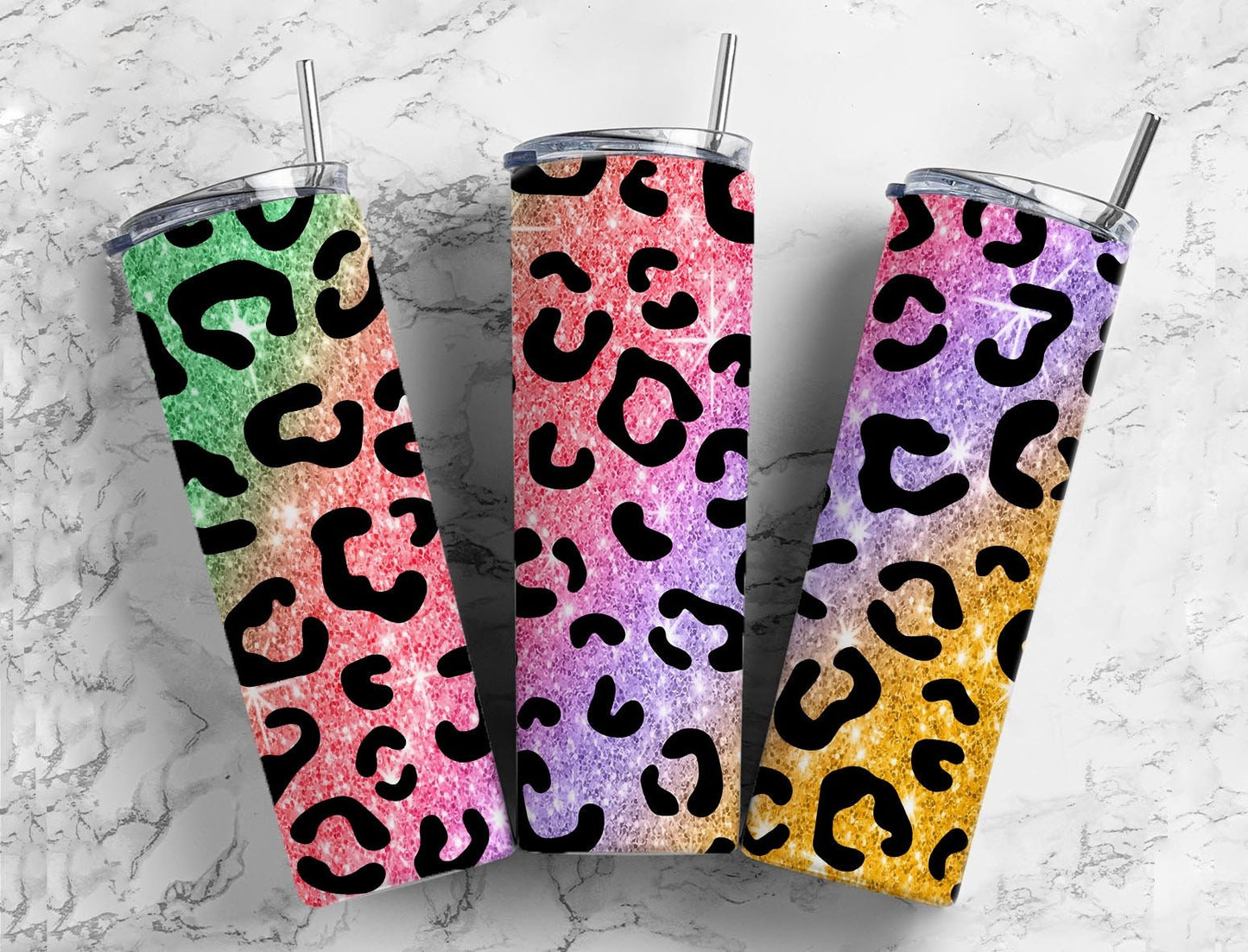 Rainbow glitter 20oz Sublimation Tumbler Designs, Leopard print 9.2 x 8.3” Straight Skinny Tumbler Wrap PNG