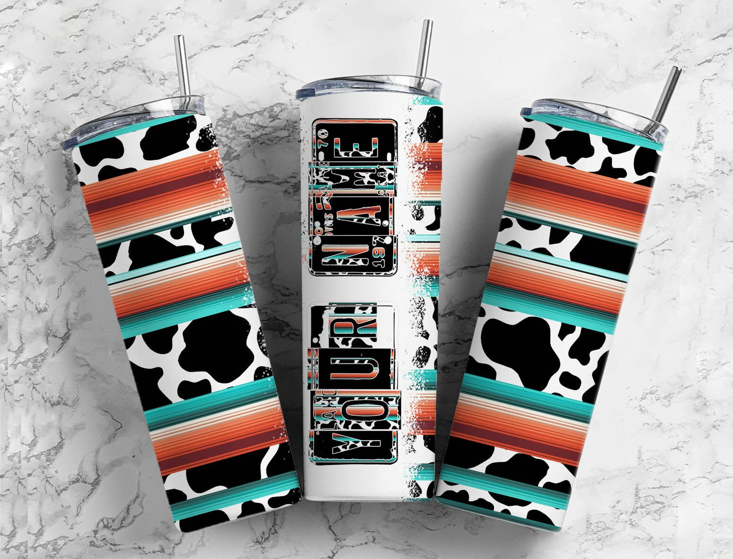 Striped cow print Number Plate 20 oz Tumbler with Matching Alphabet PNG, Orange serape Alphabet PNG Digital Download