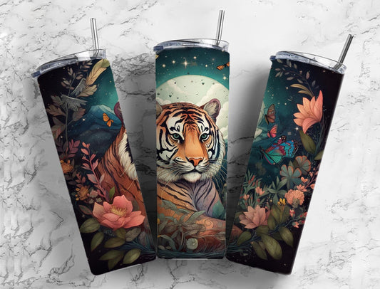 Tiger floral 20oz Sublimation Tumbler Designs, Moon night sky 9.2 x 8.3” Straight Skinny Tumbler Wrap PNG