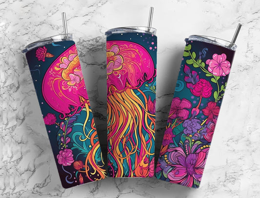 Pink jellyfish 20oz Sublimation Tumbler Designs, Ocean floral 9.2 x 8.3” Straight Skinny Tumbler Wrap PNG