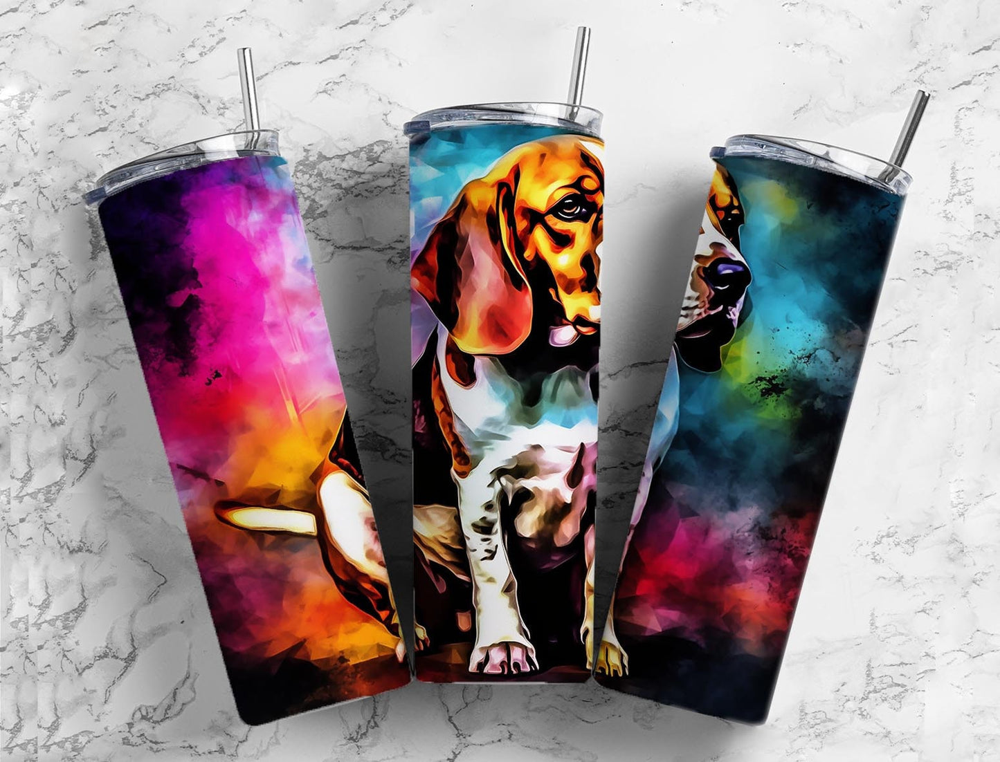 Beagle dog 20oz Sublimation Tumbler Designs, Colorful rainbow 9.2 x 8.3” Straight Skinny Tumbler Wrap PNG