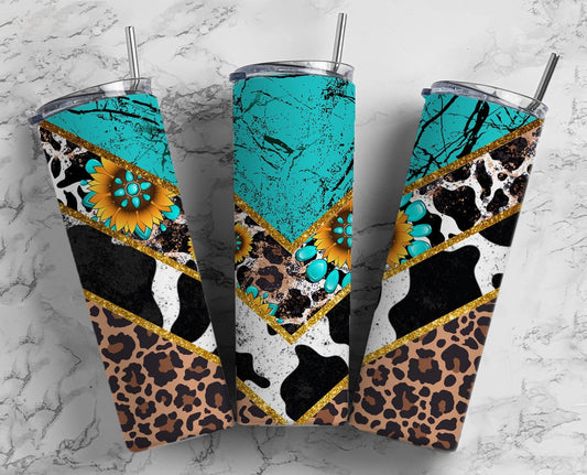 Sunflower Turquoise Gem Cow 20oz Sublimation Tumbler Designs, Country Western 9.2 x 8.3” Straight Skinny Tumbler Wrap PNG