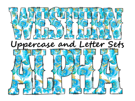 watercolor floral Doodle Letters Western Alphabet, Blue floral Alphabet PNG, Entire Doodle Alphabet Uppercase and Numbers PNG