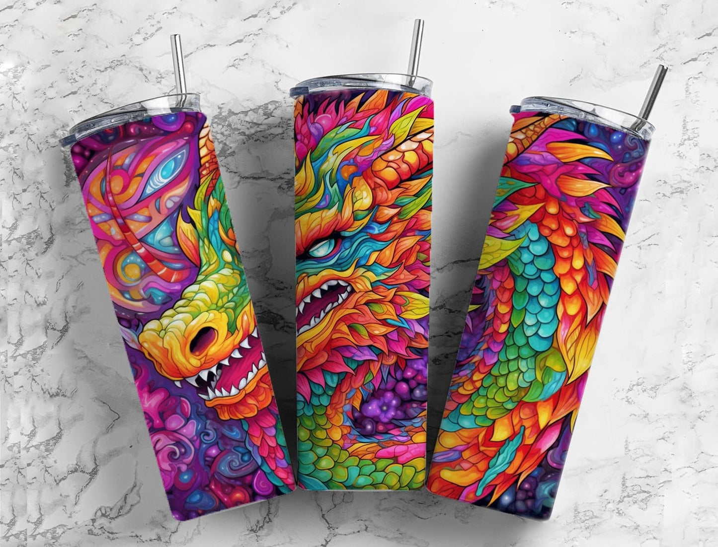 Rainbow dragon 20oz Sublimation Tumbler Designs, bright colorful 9.2 x 8.3” Straight Skinny Tumbler Wrap PNG