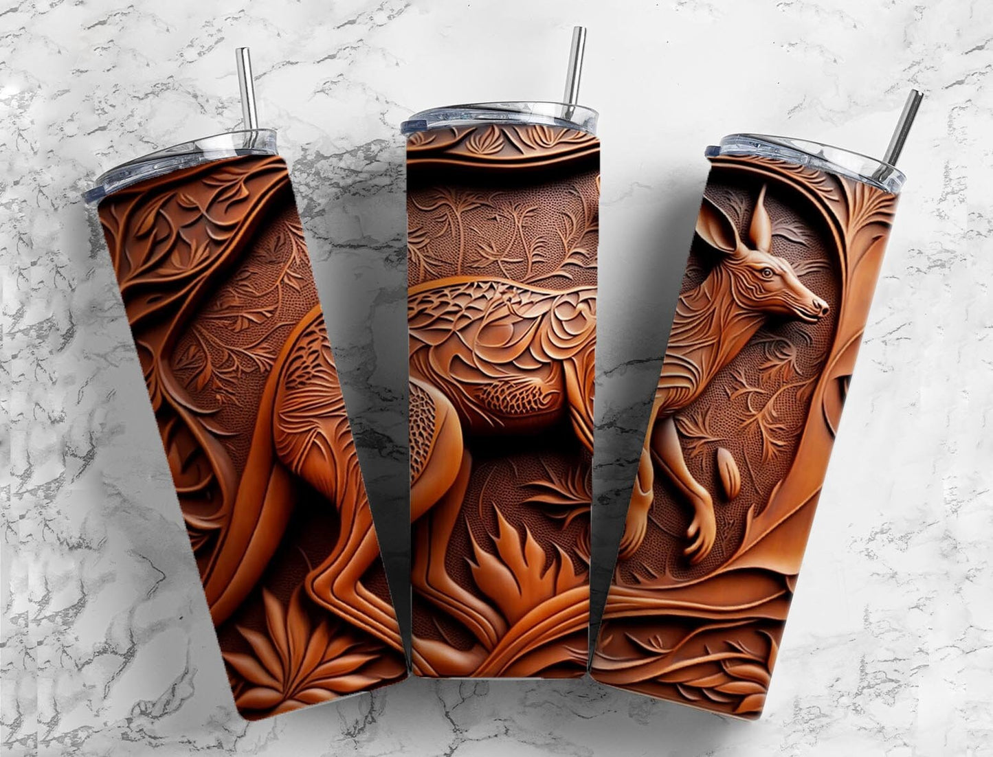 Tooled leather kangaroo 20oz Sublimation Tumbler Designs, Leather engraved 9.2 x 8.3” Straight Skinny Tumbler Wrap PNG