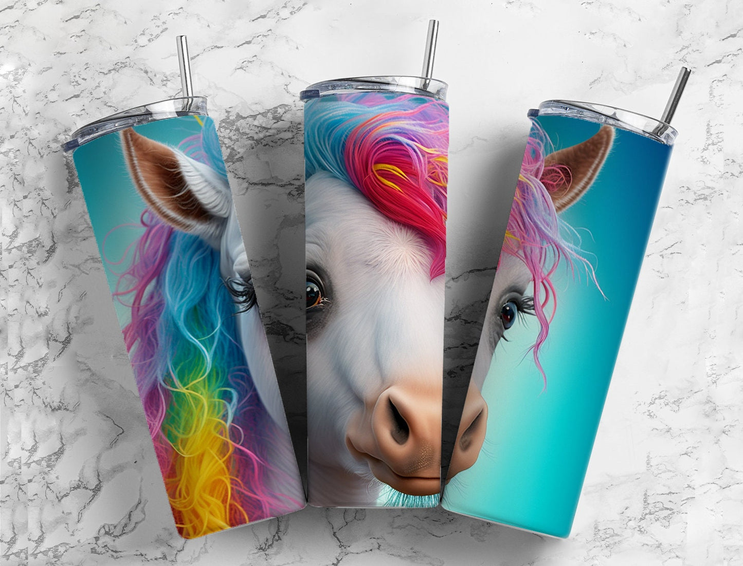 Vivid Pony 20oz Sublimation Tumbler Designs, Rainbow Unicorn 9.2 x 8.3” Straight Skinny Tumbler Wrap PNG, Sublimation Design PNG