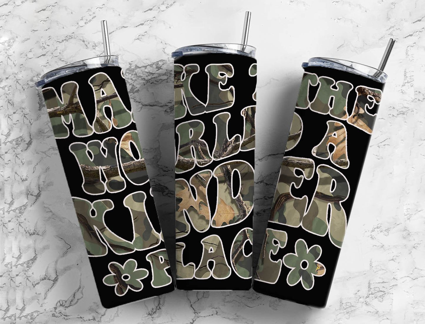 Camouflage Hunting 20oz Sublimation Tumbler Designs, Forest Make the World A Kinder Place 9.2 x 8.3” Straight Skinny Tumbler PNG