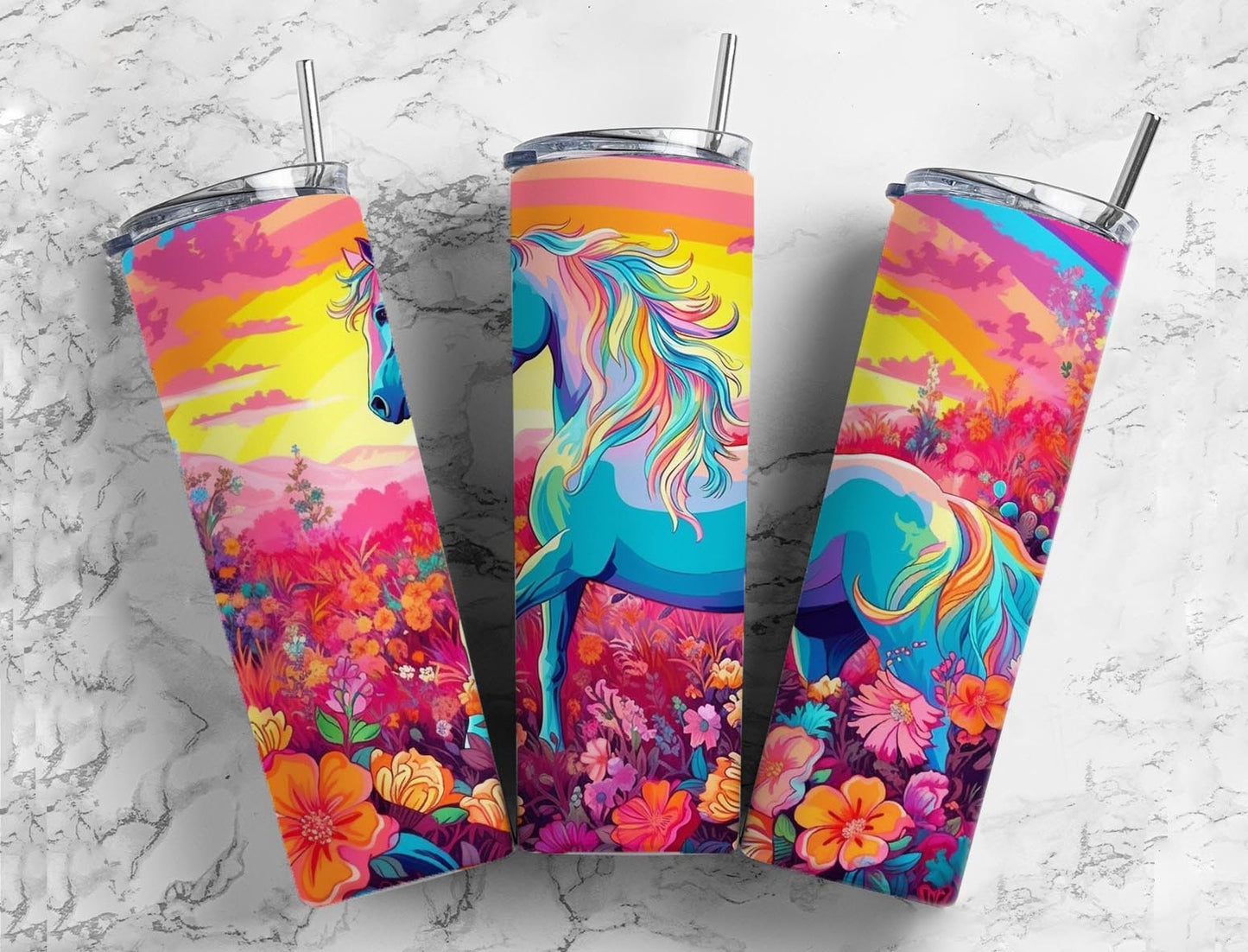 Colorful horse 20oz Sublimation Tumbler Designs, Floral landscape 9.2 x 8.3” Straight Skinny Tumbler Wrap PNG