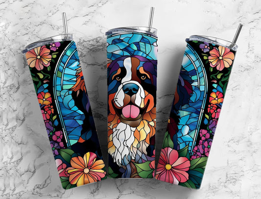 Bernese mountain dog 20oz Sublimation Tumbler Designs, Stained glass floral 9.2 x 8.3” Straight Skinny Tumbler Wrap PNG